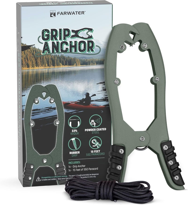 FARWATER Canoe Anchor Grip - Boat, Float Tube & Kayak Fishing Accessories, Kayaking Equipment - Brush Clamp Anchor with Teeth - Gripper with 15ft Paracord - Rubber Grips - Coated Steel - - Image 1